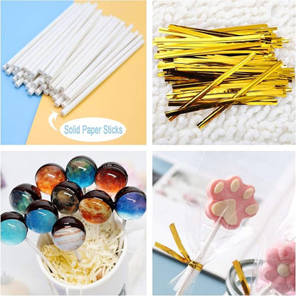 300PCS Lollipop Cake Pop Treat Bag Set Including 100pcs Parcel Bags, Papery Treat Sticks, Gold Metallic Twist Ties for Making Candies, Chocolates and Cookies