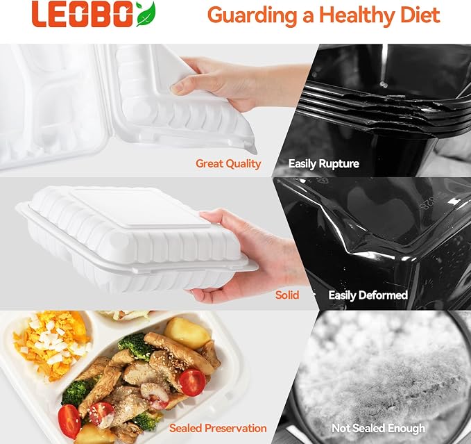 55-Pack 34oz 8 Inch Food Containers - Shrink Wrapped No Pre-Wash | 3-Compartment Reusable & Secure Snap Closure | Bpa Free Microwave Safe for Leftovers, Work Meals, Takeout & Meal Prep, White