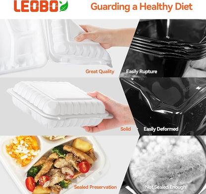 55-Pack 34oz 8 Inch Food Containers - Shrink Wrapped No Pre-Wash | 3-Compartment Reusable & Secure Snap Closure | Bpa Free Microwave Safe for Leftovers, Work Meals, Takeout & Meal Prep, White