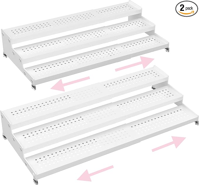 Step Can Organizer, Metal Tiered Spice Rack for Kitchen Counter, 3-Tier Storage Shelf for Canned Food （2Packs/White/With holes