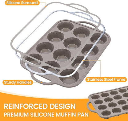 CAKETIME Silicone Muffin Pans for Baking, Metal Reinforced Frame Regular 12 Cups & Mini 24 Cups Cupcake Pan Set Nonstick Muffin Pan for Homemade Baking Easy to Handle