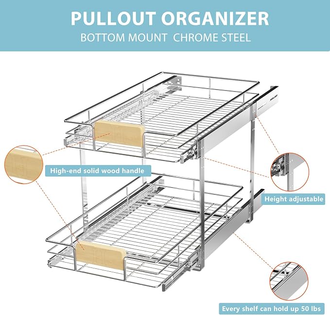 LOVMOR 2 Tier Pull Out Cabinet Organizer 7½" W x 21½" D, Slide Out Drawers with Wooden Handle, Sliding Shelves Organization and Storage for Kitchen, Pantry
