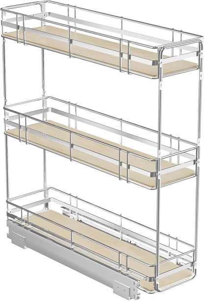 ROOMTEC 3-Tier Pull Out Cabinet Organizer Spice Rack for Narrow Cabinet 7" W x 20½" D, Slide Out Wood Shelves Storage for Kitchen