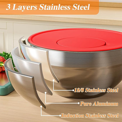 Mixing Bowls with Lids Set, 6 PCS Stainless Steel Mixing Bowls with 3 Grater Attachments, Kitchen Food Organizers Nesting Mixing Bowl, Large Size 4.5, 3.5, 2.1, 1.5, 1.1, 0.7QT-Colorful