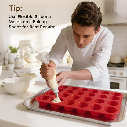 Silicone Muffin Pans for Baking Nonstick 2 Pcs, 24 Cup Mini Cupcake Pan, Food-Grade Silicone Baking Molds for Cupcakes, Freezer, Red