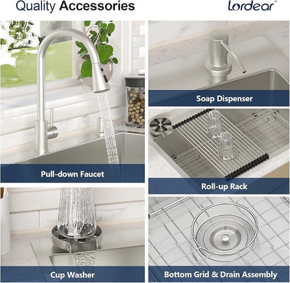 Lordear 30 Inch Drop In Kitchen Sink with Faucet 16 Gauge Stainless Steel Single Bowl Kitchen Sink with Glass Rinser, Pull-out Faucet, and Soap Dispenser #T30229-F16030SS
