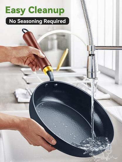 9.5" Enameled Carbon Steel Skillet, Nonstick Frying Pan with Stay-Cool Wooden Handle, Season-Free Stir-Fry Pan, Non-Toxic PTFE & PFOA Free Cookware, Oven-Safe & All Stovetops Compatible