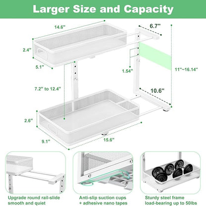 Under Sink Organizer, High Adjustable 2 Tier Under Sink Organizers and Storage, Slide out Metal Cabinet Organizers, Pull out Storage Drawer Shelf for Kitchen Bathroom Cabinet (1, White)