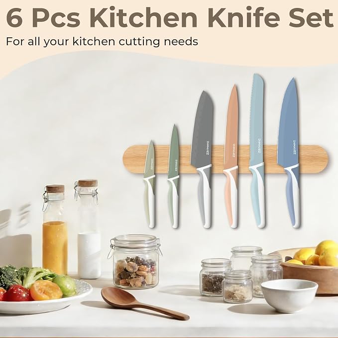DiiHAUZZ Knife Set, 12 Pieces Kitchen Knives Set with Healthy Non-Stick Coating, Dishwasher Safe Anti-Rust Stainless Steel Knives with 6 Blade Guards, Ergonomic Handles, Ideal Gift Set