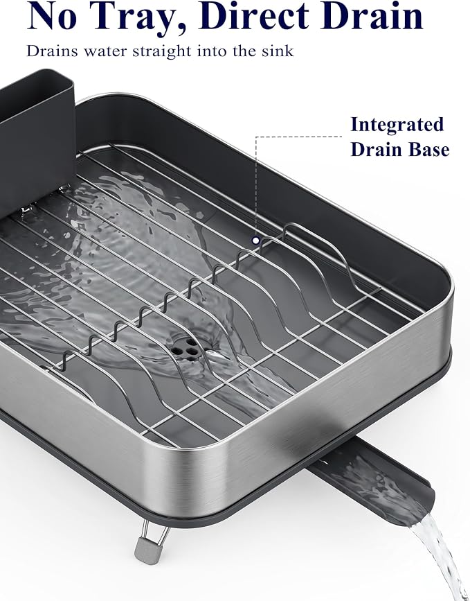 Kitsure Dish Drying Rack - Stainless Steel Dish Rack with Cutlery Holder, Rust-Resistant Wrapped Edges, Space-Saving Dish Racks for Kitchen Counter, 16.1" x 12.7" x 4.6", Black