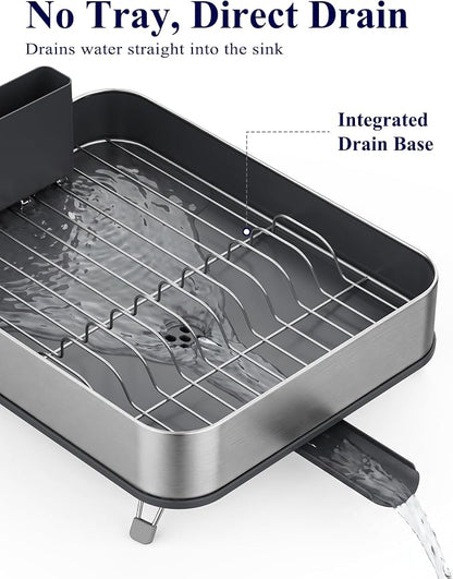 Kitsure Dish Drying Rack - Stainless Steel Dish Rack with Cutlery Holder, Rust-Resistant Wrapped Edges, Space-Saving Dish Racks for Kitchen Counter, 16.1" x 12.7" x 4.6", Black