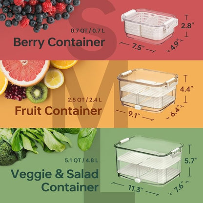 Felli Duo Fresh Produce Saver for Fridge, Fruit Vegetable Container with Vent & Drainage in Bottom for Wash, Colander Strainer Storage Bin for Refrigerator, Berry Lettuce Keeper