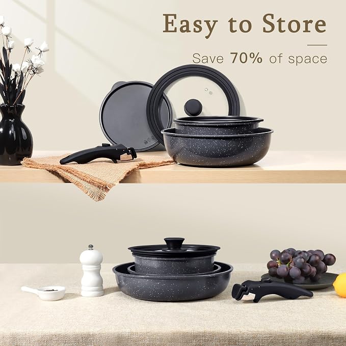 GiPP Ceramic Pots and Pans Set Non Stick, Nonstick Detachable Handle Cookware Sets, Healthy Non Toxic PFAS PFOA & PTFE Free, Dishwasher ＆Oven Safe, Induction Kitchen Pot and Pan, 21 Piece Grey