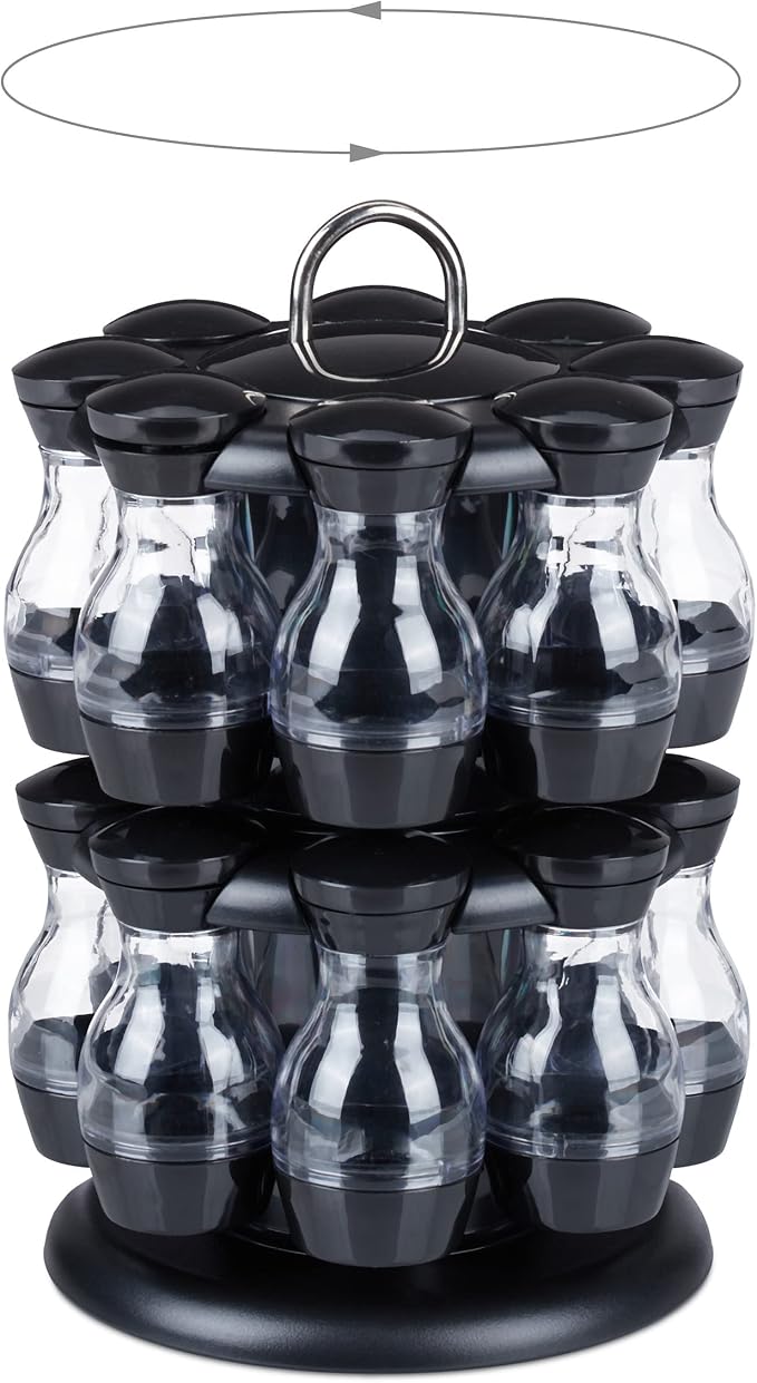 Relaxdays, Black/Silver Spice Carousel 16 Spice Jars Spice Rack 360° Rotatable H x D 29 x 19 cm Plastic