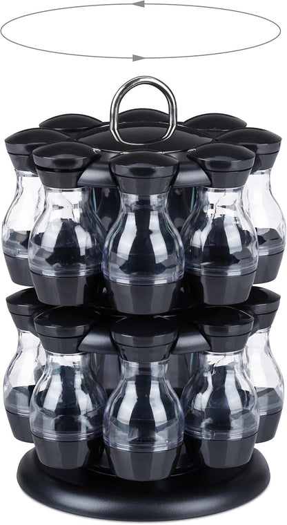 Relaxdays, Black/Silver Spice Carousel 16 Spice Jars Spice Rack 360° Rotatable H x D 29 x 19 cm Plastic