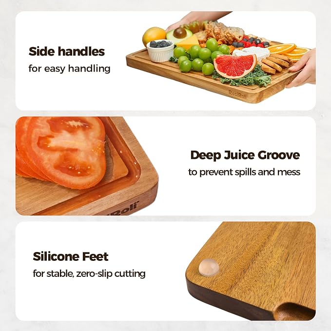 Acacia Wood Cutting Board for Kitchen - 13"x10" Everyday Chopping Board with Handles and Juice Grooves, Solid Wood Serving Tray for Cheese & Meat, Gift for Mom & Women