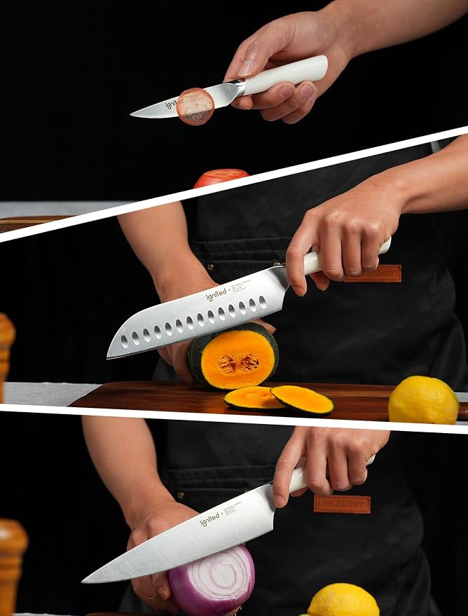 3 Piece Chef Knife Set - German Stainless Steel, Ergonomic Ivory White Handle, Full Tang Design Kitchen Knife Set, Ultra Sharp Chef Knives for Meat Vegetable Cutting, Ideal Gift for Chefs, Cooks