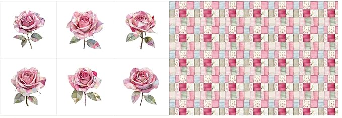 Cotton Fabric Panel – Single Continuous Patchwork Rose Panel, Featuring 6 Printed Design Squares (10" x 10") with Bonus Patchwork Area 29.5" x 19.7", Fabric for Quilting & Sewing