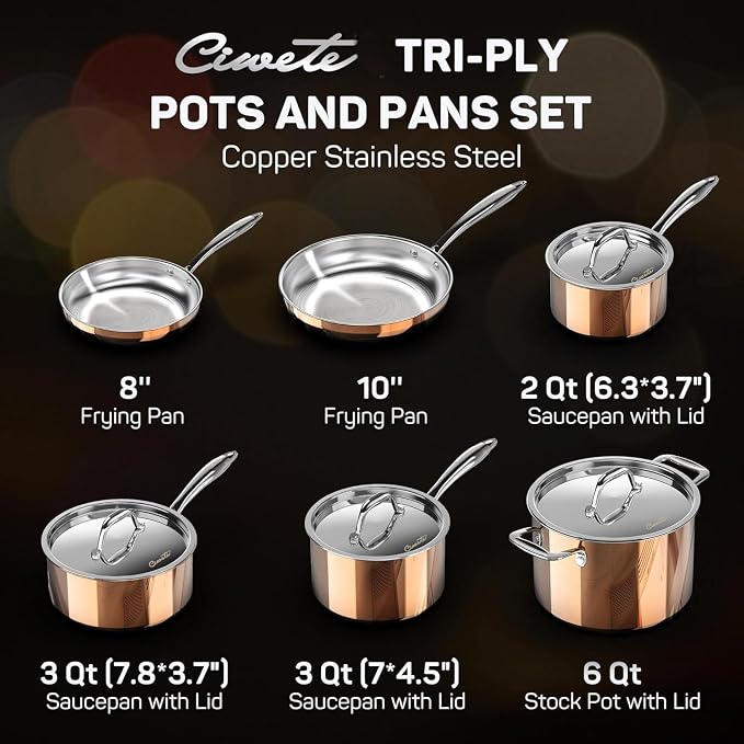 Ciwete Whole Tri-ply 18/10 Stainless Steel Cookware Set, 10 Pcs Elegant Copper Pots and Pans Set, Induction Cookware, Frying Pans, Saucepans & Stock Pot with Lid, Ideal Gift for Wedding, Housewarming