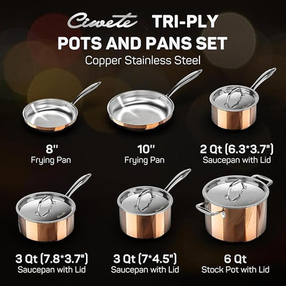 Ciwete Whole Tri-ply 18/10 Stainless Steel Cookware Set, 10 Pcs Elegant Copper Pots and Pans Set, Induction Cookware, Frying Pans, Saucepans & Stock Pot with Lid, Ideal Gift for Wedding, Housewarming
