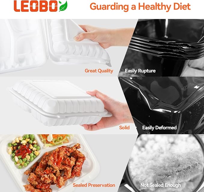 65 Pack 30oz 7.8 Inch To Go Containers - Shrink Wrapped No Pre-Wash | 3 Compartment Reusable & Sturdy | Microwave, Dishwasher and Freezer Safe Meal Prep Boxes for Leftovers, Catering & Takeout