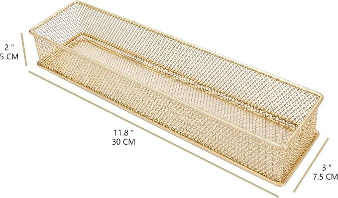 Annova Mesh Stackable Drawer Cabinet and Shelf Organizer Bins Storage Basket School Office Supply Holder Tray- Set of 2 (Gold, 3x12x2 Inch)