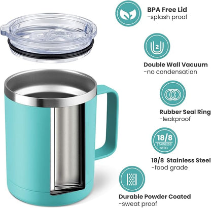 MEWAY 12oz Coffee Mug With Handle and Sliding Lid,Stainless Steel Travel Tumbler Cup with Handle,Double Wall Vacuum Insulated Camping Cup for Hot & Cold Drinks Tea (Light Green,Set of 1