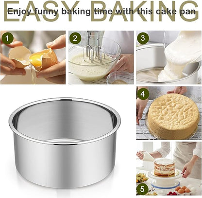 P&P CHEF 6 Inch Cake Pans Set, Round Baking Pan Stainless Steel Layer Birthday Wedding Cake Oven Pans, Non Toxic & Heavy Duty, Deep Side & Mirror Finish, Dishwasher Safe, (1Pc)
