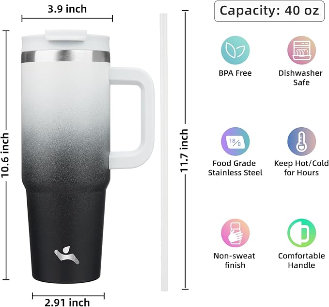 Konokyo 40 oz Tumbler with Handle and 2 Straws,2 in 1 Lid Insulated Water Bottle Stainless Steel Travel Coffee Mug,Day Night