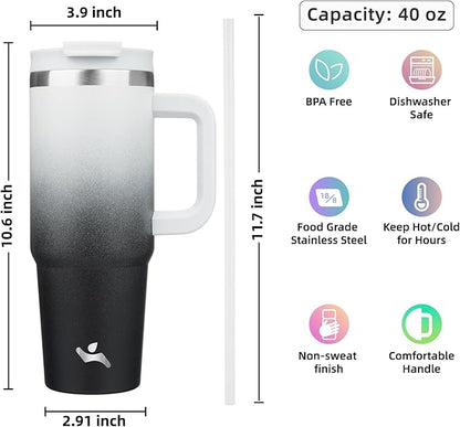 Konokyo 40 oz Tumbler with Handle and 2 Straws,2 in 1 Lid Insulated Water Bottle Stainless Steel Travel Coffee Mug,Day Night
