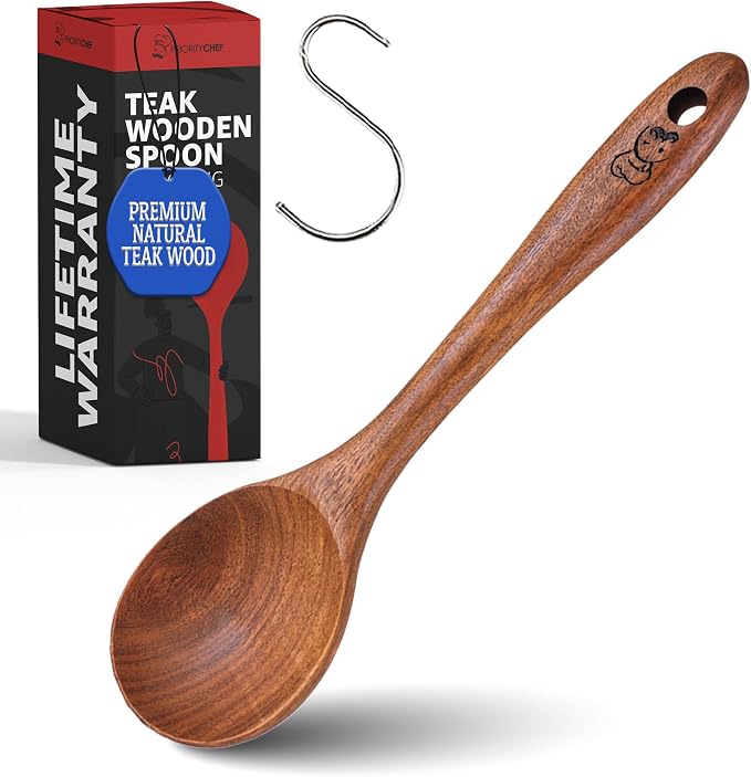 PriorityChef Handcrafted Teak Wooden Spoon for Cooking - Large Wood Spoon Kitchen Utensil - Heavy Duty Wood Serving Spoons - 10 Inch Wooden Mixing Utensil for Stirring, Baking & Cooking
