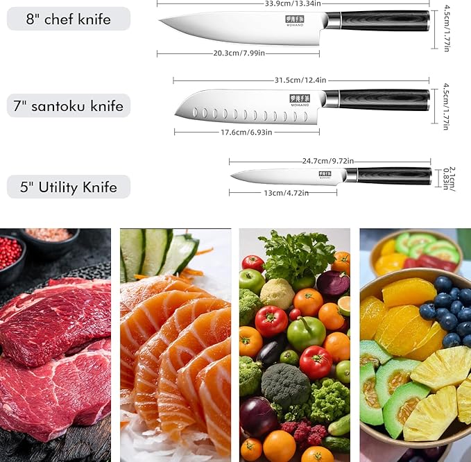 MDHAND Kitchen Knife Set, 3 Pieces Ultra Sharp Japanese Knife Set, High Carbon Stainless Steel Professional Chef Knives Set with Black Pakkawood Handle for Home Cooking, Dishwasher Safe