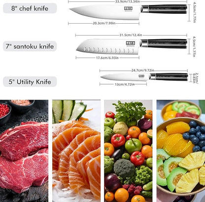 MDHAND Kitchen Knife Set, 3 Pieces Ultra Sharp Japanese Knife Set, High Carbon Stainless Steel Professional Chef Knives Set with Black Pakkawood Handle for Home Cooking, Dishwasher Safe
