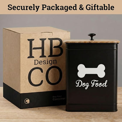 Dog Food Container Airtight 5-7 lb (25 Cup) Capacity - Cute Airtight Dog Food Storage Container with Bamboo Lid & Sturdy Metal Handle - Black Metal Kibble Storage Bin for Dogs up to 50 lbs - Pet Jar
