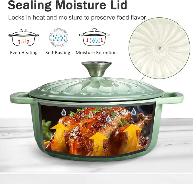Enameled Cast Iron Dutch Oven with Lid, 3 QT Dutch Oven Pot for Bread Baking, Heavy Duty Cast Iron Pot for Braising, Cook, Bake, Refrigerate Safe across All Cooktops (Pistachio Green,3 QT)