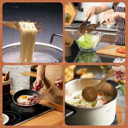 comfoyar Wooden Kitchen Cooking Utenails Set, 7 Pieces Natural Teak Wooden Spoons for Cooking with Spatula and Ladle, Heat Resistant Kitchen Cookware for Nonstick Pan