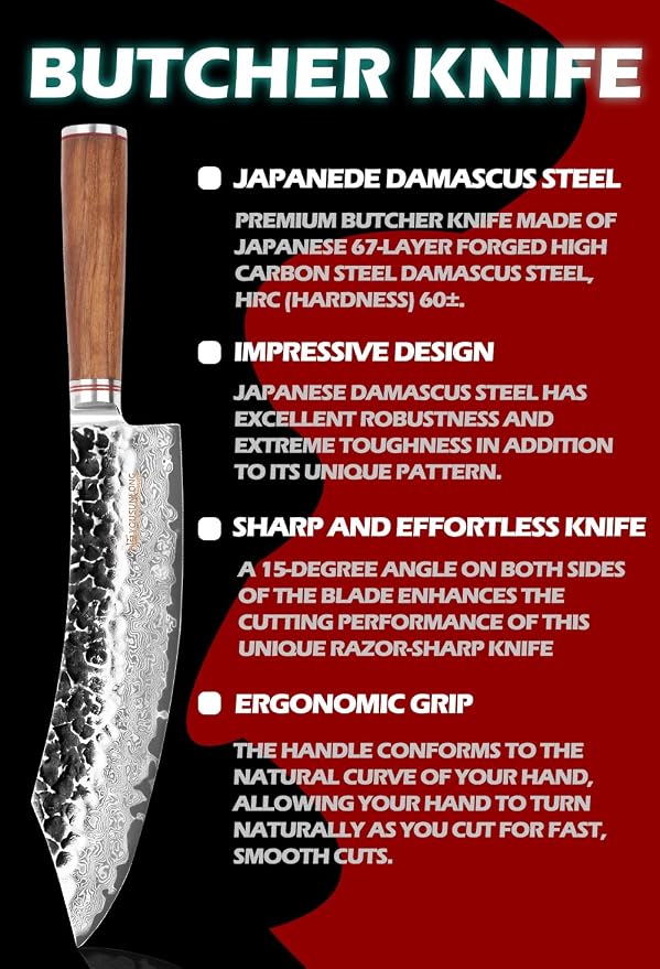 YOUSUNLONG Butcher Knife10 inch Pro Breaking Knives Japanese Hammered Damascus Steel Natural Walnut Wooden Handle with Leather Sheath