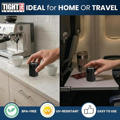 Tightpac Minivac Portable Vacuum Seal Airtight Container – Keeps Coffee Beans, Grounds, Tea, Spices & Herbs Fresh Longer – Travel-Ready, NSF-Certified Food-Grade Storage, 10 to 30 Grams, Black