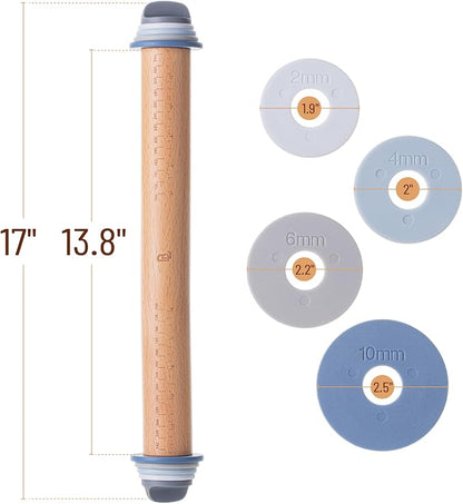 BAMBOO LAND- Adjustable Rolling Pin with Thickness Rings for Baking, 13.8", 4 Pastel Colored Thickness Rings (2-10 mm or 1/16"-3/8"), Wood Rolling Pins for Baking, Bread, Pizza Doughs