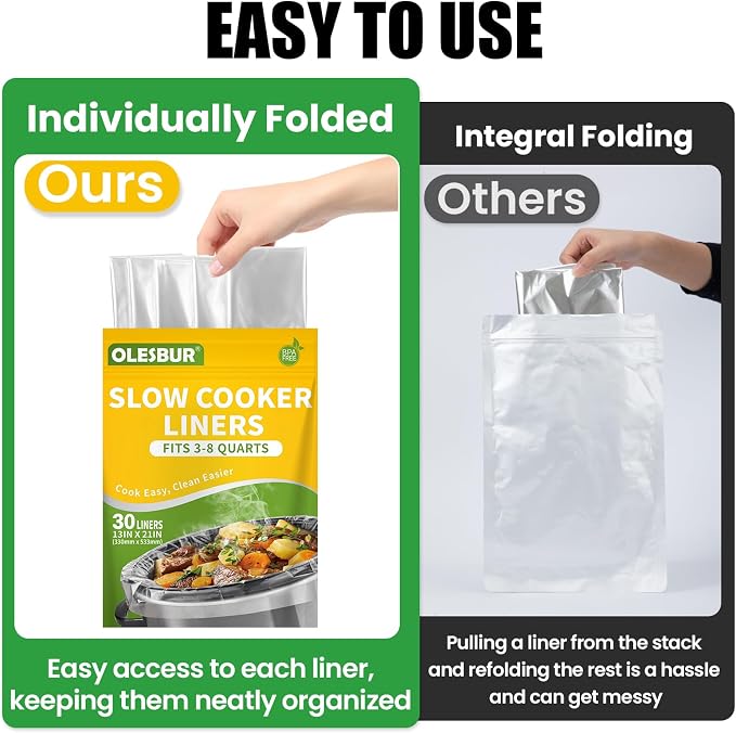 OLESBUR 30 Count Slow Cooker Liners, 13"x21", Fits 3-8 Quarts, Disposable Pot Liners Compatible with Crockpot, Oval Large Size, BPA-Free Cooking Bags, Kitchen Accessories, Cook with Ease