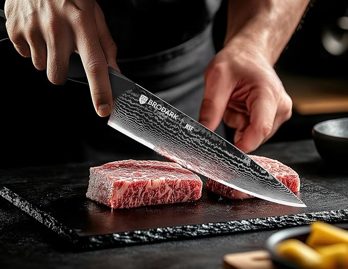BRODARK Knife Set, Damascus Kitchen Knife Set with Block, 9 Pieces Sharp Professional Japanese Chef Knives with Ergonomic Full-Tang ABS Handle for Home, Restaurant -Christmas Gift, Dark Horse Series