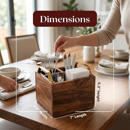 nestroots Silverware, Napkins & Spoon Holder, Teak Wood Utensil Caddy with Stainless Steel Handle, Organizer Countertop, Cutlery Holder for Party, Fork, Knife Organizer