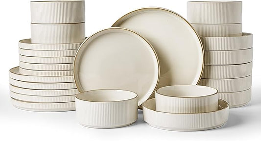 Famiware Star 24-Piece Stoneware Dinnerware Set with Trim, Service for 6 - Shallow Pasta Bowls & Flat Plates, Dishes for Everyday & Formal Use, Chip/Scratch Resistant, Microwave/Dishwasher Safe, White