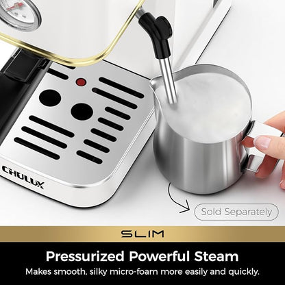 CHULUX Slim Espresso Machine with Milk Frother, 20 Bar Professional Italian Pump Espresso Coffee Machine for Home Cappuccino & Latte Maker, Stainless Steel, White and Gold