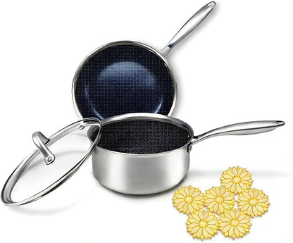 BRASA,Nonstick steel Cookware Sets,Multi-layer Cookware,Ceramic coating,Compatible Gas,Electric & Induction Dishwasher safe (PFOS, PFOA Free) saucepan and frying pan and 6trivet set