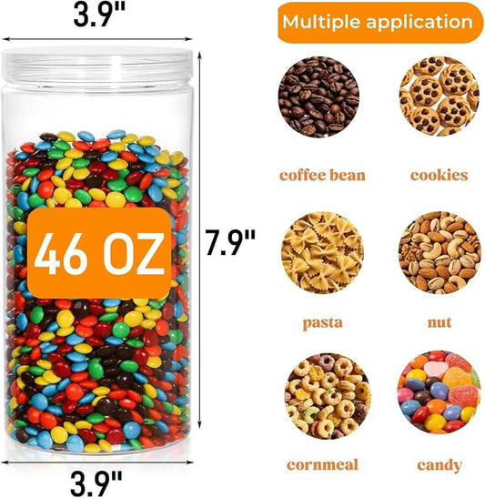 Pumtus 8 Pack Clear Plastic Jars with Lid, 46 OZ Round Candy Storage Jars, Empty Large Mason Jars, Tall PET Canisters Cylinders, Wide Mouth Pantry Container for Dry Food, Spice, Nuts, Noodles