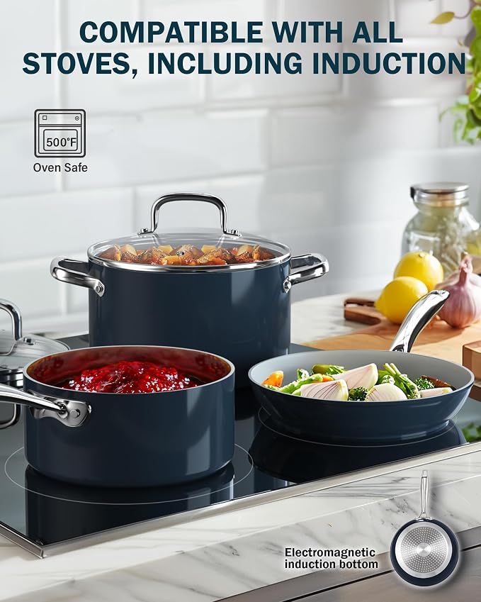 Cook N Home Classic Nonstick Cookware Set, Pots and Pans Cookware Set with Glass Lids and Comfortable Handles, Induction Compatible, 10-Piece, Blue