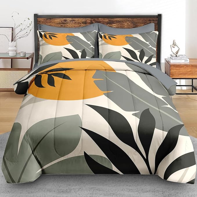 Pamnest Comforter Set King Size, Tropical Palm Leaves 7 Pcs Bedding for Kids and Adults, Vintage Monstera Bed Sheet Sets with Fitted Sheet 2 Pillowcase & 2 Sham for Bedroom Bed Decor