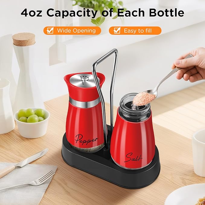 Salt and Pepper Shakers, Farmhouse Salt and Pepper Shakers Set with Holder, electroplated Handle, 4 oz Stainless Steel Glass Bottle Dispenser, for Table, RV, Camp, BBQ (Red)