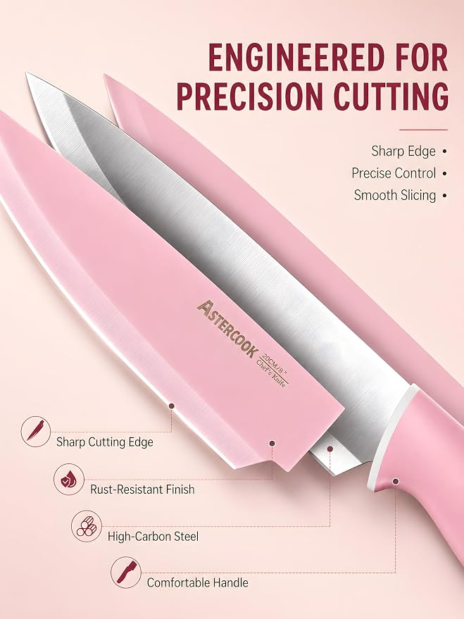Astercook Knife Set with Block and Sharpener, 22 Piece Kitchen Knife Set Dishwasher Safe, Space-Saving Clear Knife Block with Knives for Everyday Home Cooking Pink